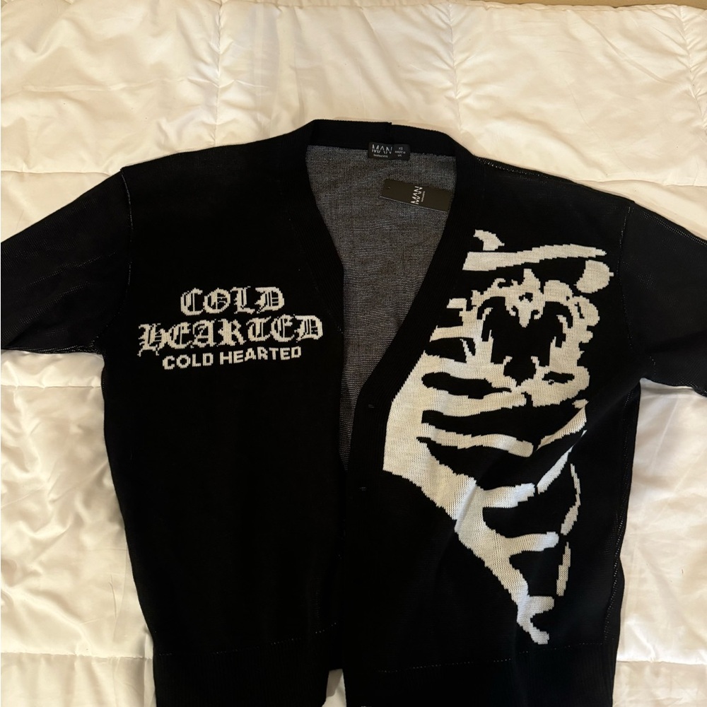 Black and White Cardigan with Graphic Design